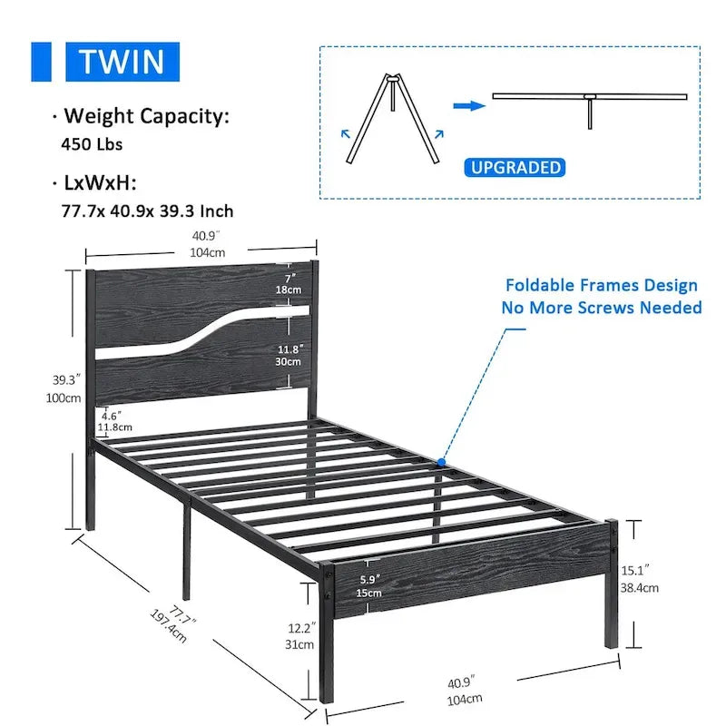 Javlergo Base Letto a Piattaforma in Metallo con Testiera e Pediera in Legno, Struttura Letto Industriale in Metallo Nessuna Rete a Molle Necessaria