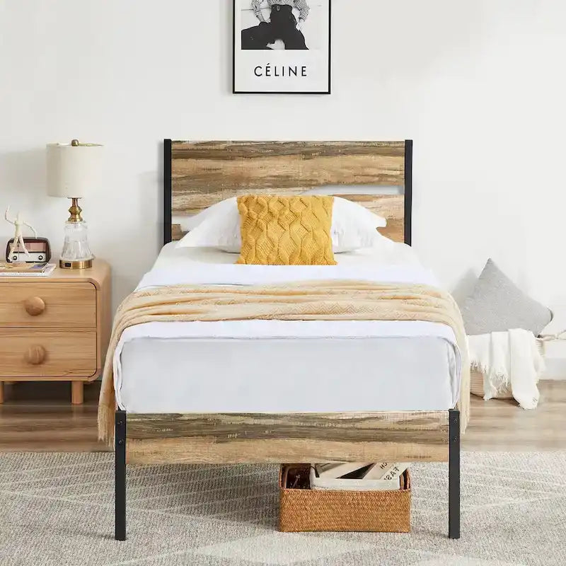 Javlergo Base Letto a Piattaforma in Metallo con Testiera e Pediera in Legno, Struttura Letto Industriale in Metallo Nessuna Rete a Molle Necessaria