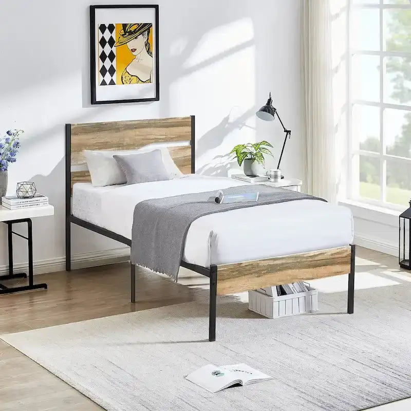 Javlergo Base Letto a Piattaforma in Metallo con Testiera e Pediera in Legno, Struttura Letto Industriale in Metallo Nessuna Rete a Molle Necessaria