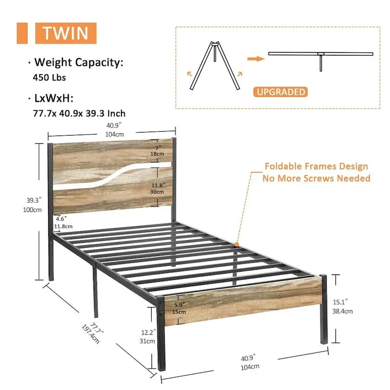 Javlergo Base Letto a Piattaforma in Metallo con Testiera e Pediera in Legno, Struttura Letto Industriale in Metallo Nessuna Rete a Molle Necessaria