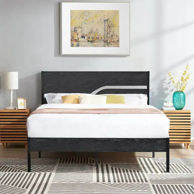 Javlergo Base Letto a Piattaforma in Metallo con Testiera e Pediera in Legno, Struttura Letto Industriale in Metallo Nessuna Rete a Molle Necessaria