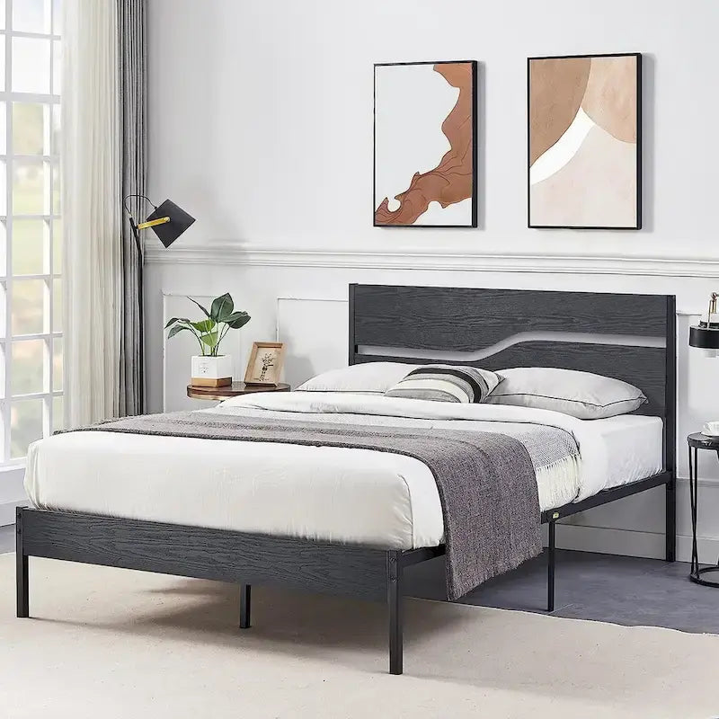 Javlergo Base Letto a Piattaforma in Metallo con Testiera e Pediera in Legno, Struttura Letto Industriale in Metallo Nessuna Rete a Molle Necessaria