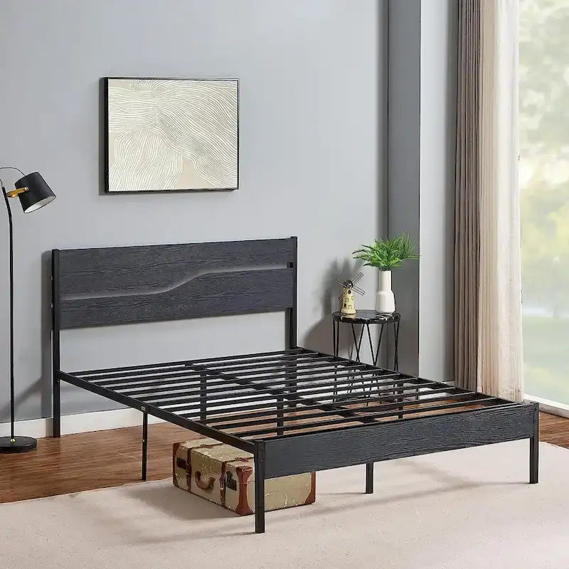 Javlergo Base Letto a Piattaforma in Metallo con Testiera e Pediera in Legno, Struttura Letto Industriale in Metallo Nessuna Rete a Molle Necessaria