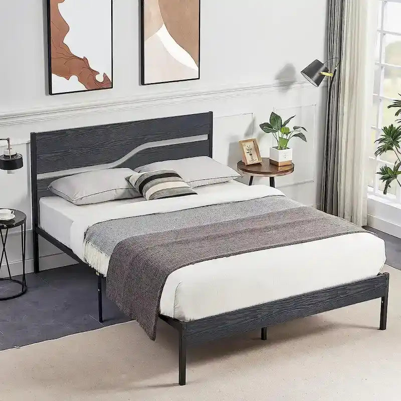 Javlergo Base Letto a Piattaforma in Metallo con Testiera e Pediera in Legno, Struttura Letto Industriale in Metallo Nessuna Rete a Molle Necessaria