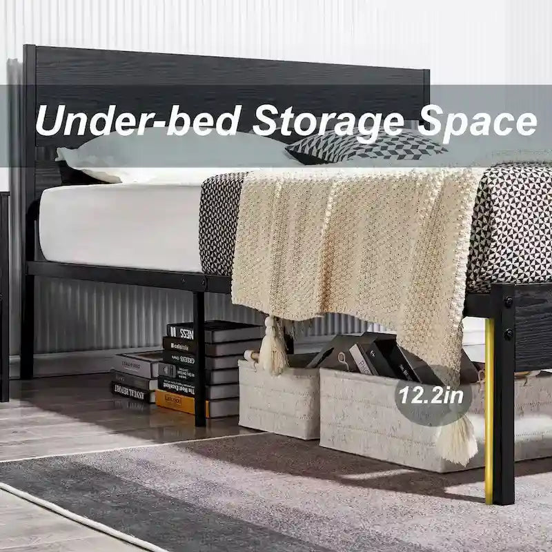 Javlergo Base Letto a Piattaforma in Metallo con Testiera e Pediera in Legno, Struttura Letto Industriale in Metallo Nessuna Rete a Molle Necessaria