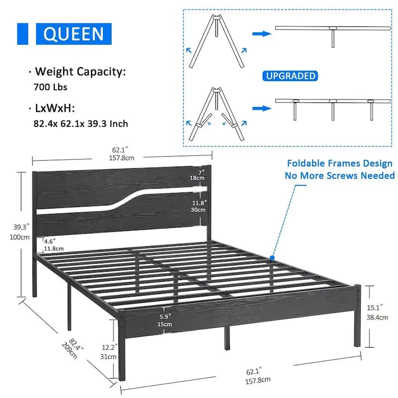 Javlergo Base Letto a Piattaforma in Metallo con Testiera e Pediera in Legno, Struttura Letto Industriale in Metallo Nessuna Rete a Molle Necessaria