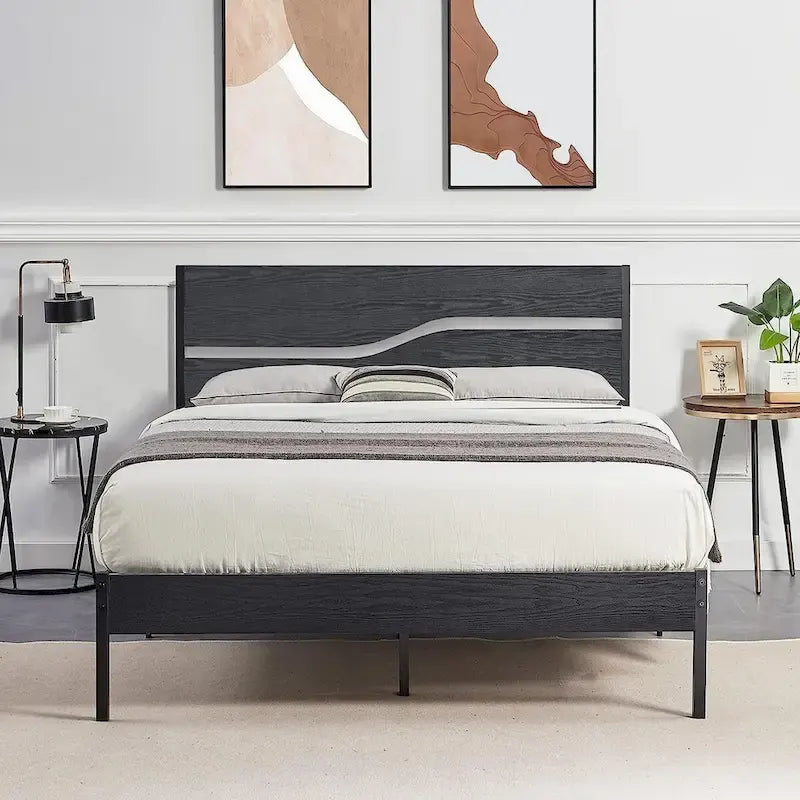 Javlergo Base Letto a Piattaforma in Metallo con Testiera e Pediera in Legno, Struttura Letto Industriale in Metallo Nessuna Rete a Molle Necessaria