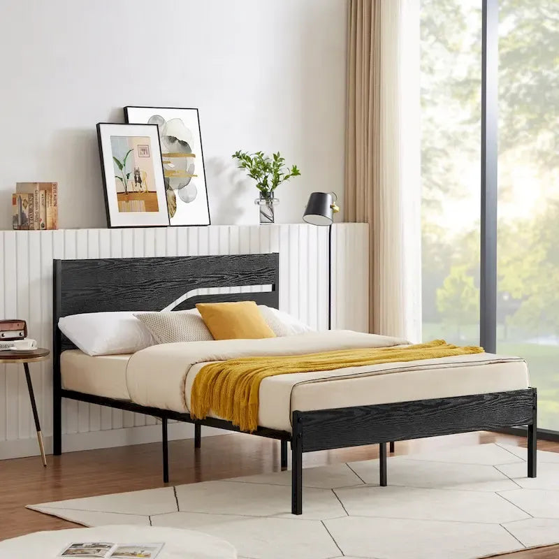 Javlergo Base Letto a Piattaforma in Metallo con Testiera e Pediera in Legno, Struttura Letto Industriale in Metallo Nessuna Rete a Molle Necessaria