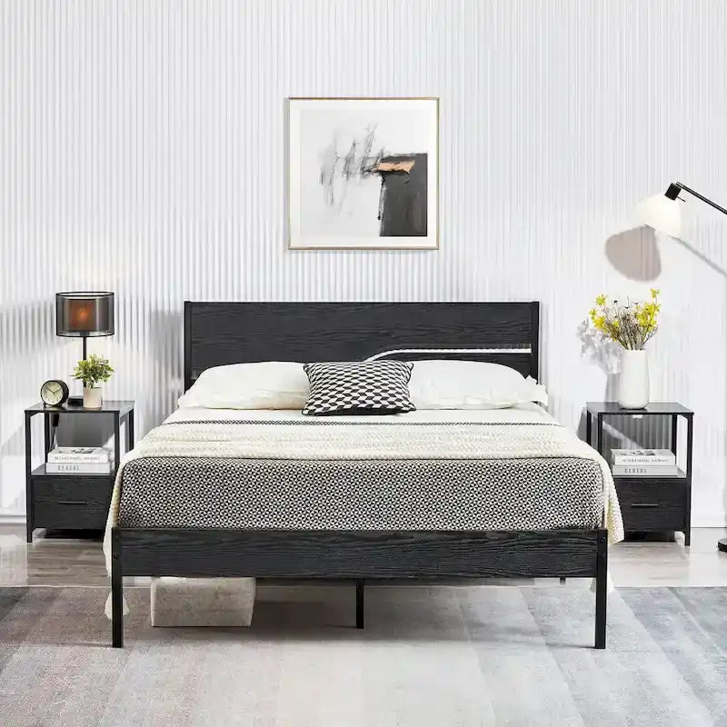 Javlergo Base Letto a Piattaforma in Metallo con Testiera e Pediera in Legno, Struttura Letto Industriale in Metallo Nessuna Rete a Molle Necessaria