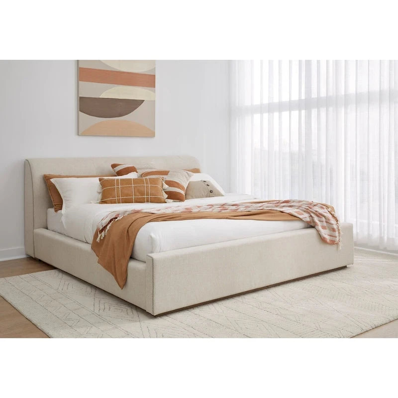 Letto a piattaforma imbottito Louis in lino naturale