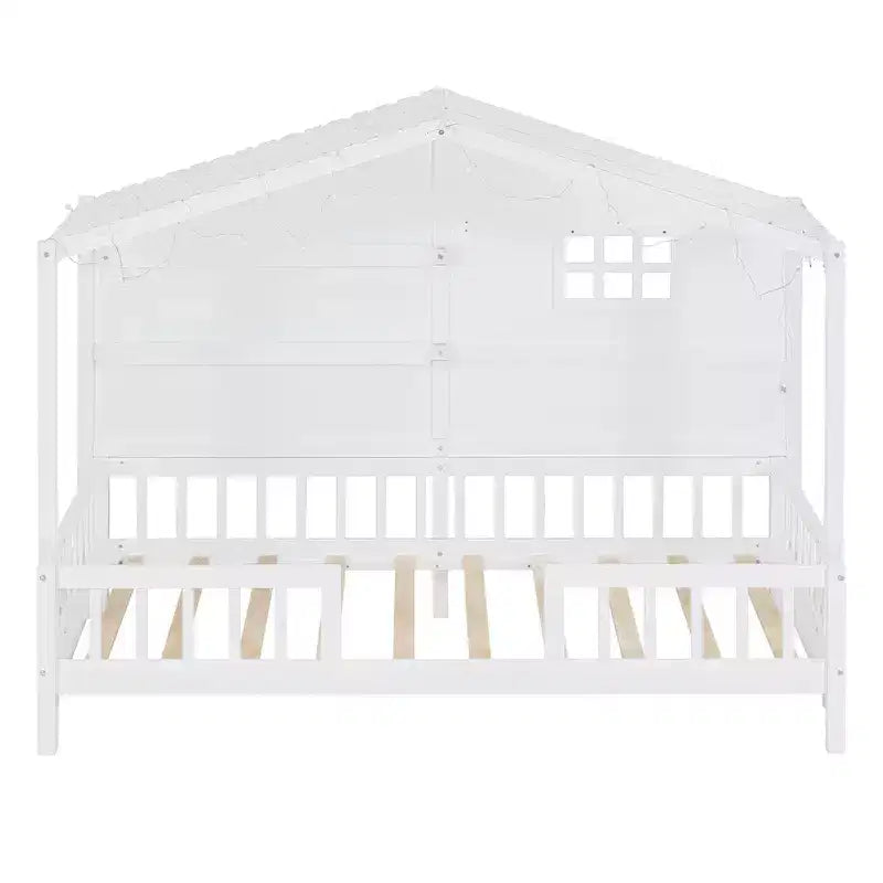 Letto a capanna per bambini con scaffali e sponde, Struttura letto in legno stile Montessori per bambini con finestra e striscia luminosa scintillante
