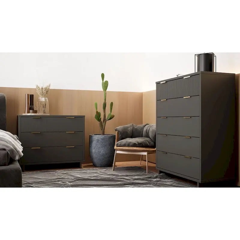Set di cassetti alti e comò standard Manhattan Comfort Granville in legno massiccio moderno, 2 pezzi