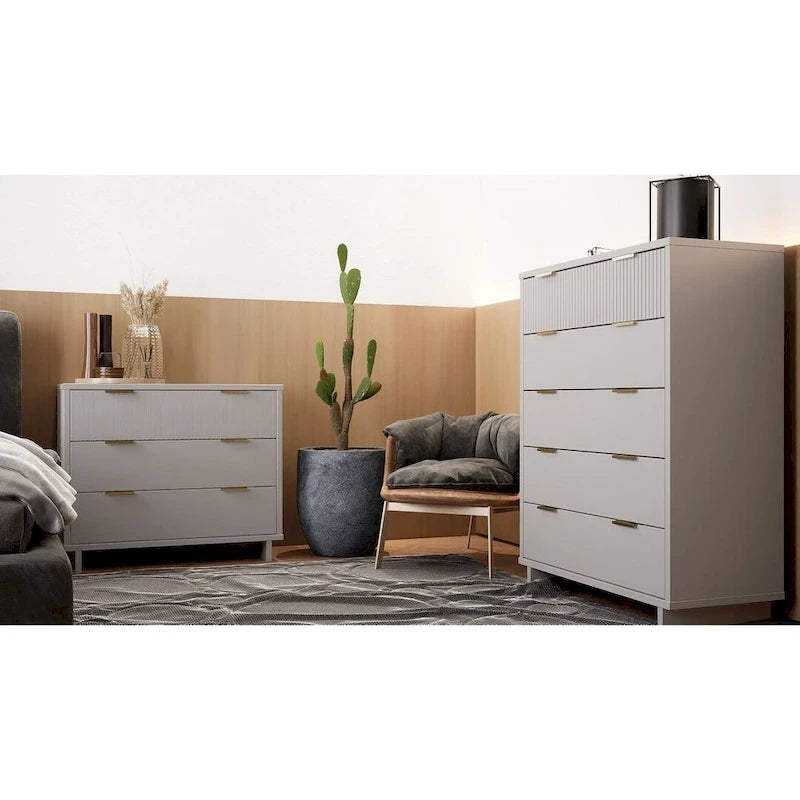 Set di cassetti alti e comò standard Manhattan Comfort Granville in legno massiccio moderno, 2 pezzi