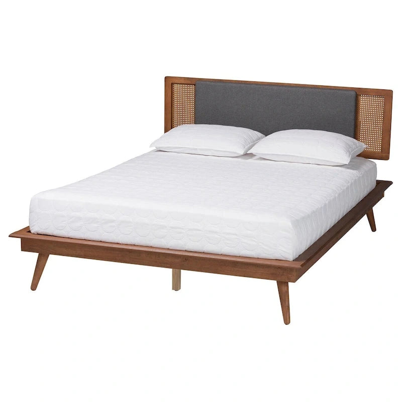 Delfina Letto a Piattaforma in Tessuto Grigio Scuro e Legno Finitura Noce Stile Moderno Mid-Century