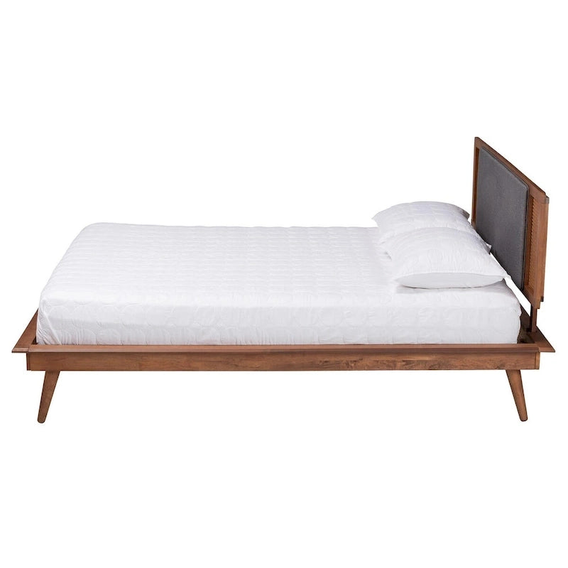Delfina Letto a Piattaforma in Tessuto Grigio Scuro e Legno Finitura Noce Stile Moderno Mid-Century