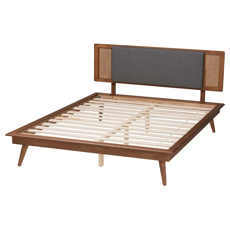 Delfina Letto a Piattaforma in Tessuto Grigio Scuro e Legno Finitura Noce Stile Moderno Mid-Century