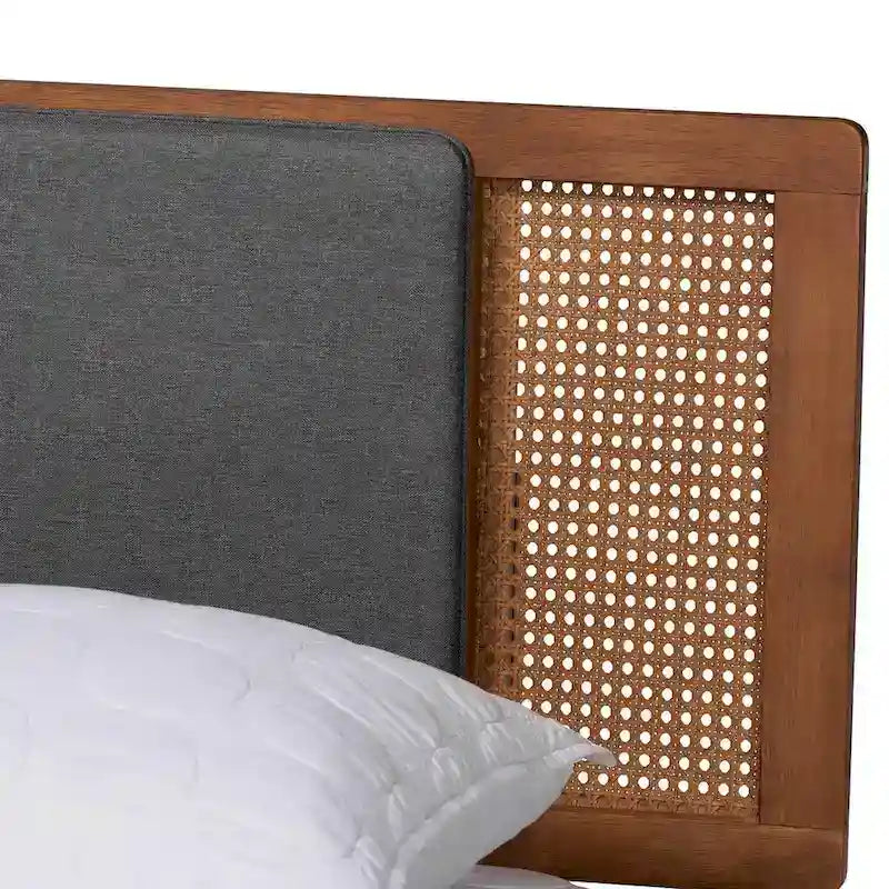Delfina Letto a Piattaforma in Tessuto Grigio Scuro e Legno Finitura Noce Stile Moderno Mid-Century