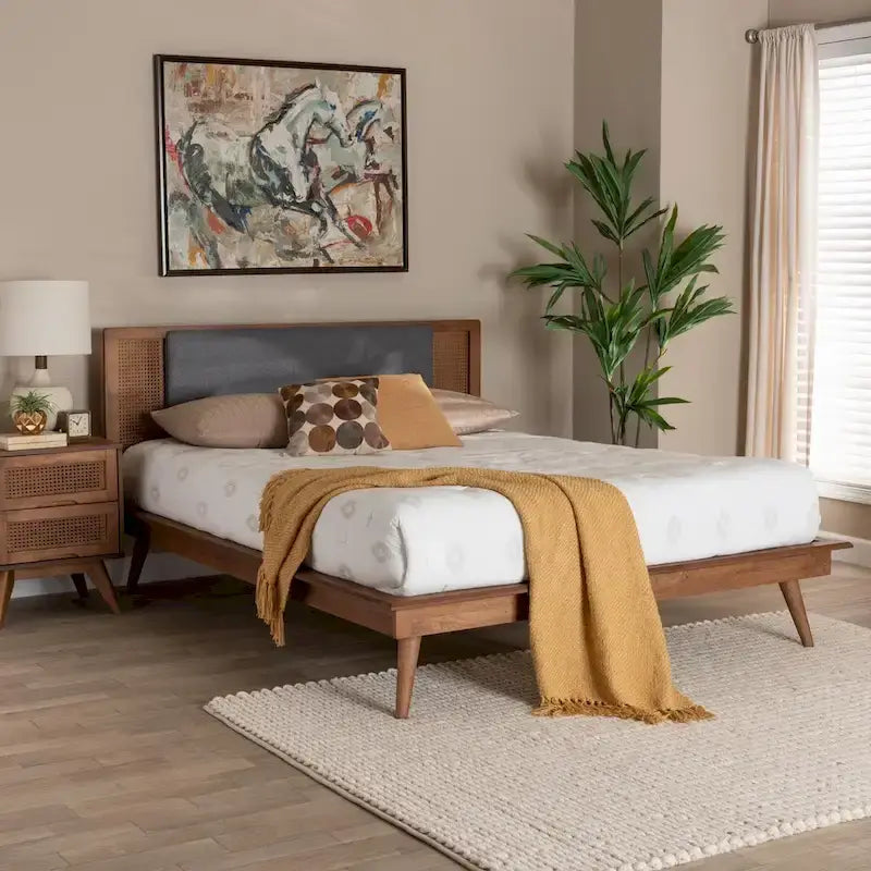 Delfina Letto a Piattaforma in Tessuto Grigio Scuro e Legno Finitura Noce Stile Moderno Mid-Century