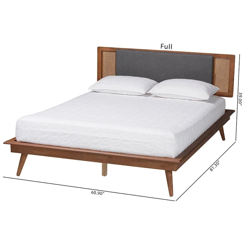 Delfina Letto a Piattaforma in Tessuto Grigio Scuro e Legno Finitura Noce Stile Moderno Mid-Century