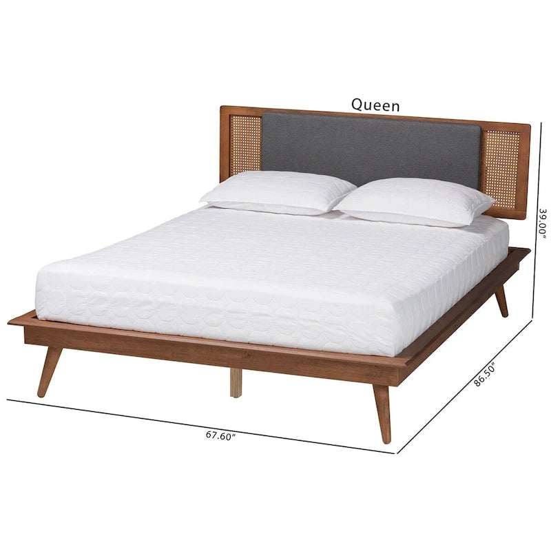 Delfina Letto a Piattaforma in Tessuto Grigio Scuro e Legno Finitura Noce Stile Moderno Mid-Century