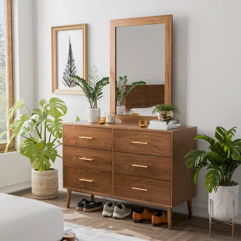Furniture of America Beau Midcentury Walnut 2-Piece Dresser and Mirror Set
