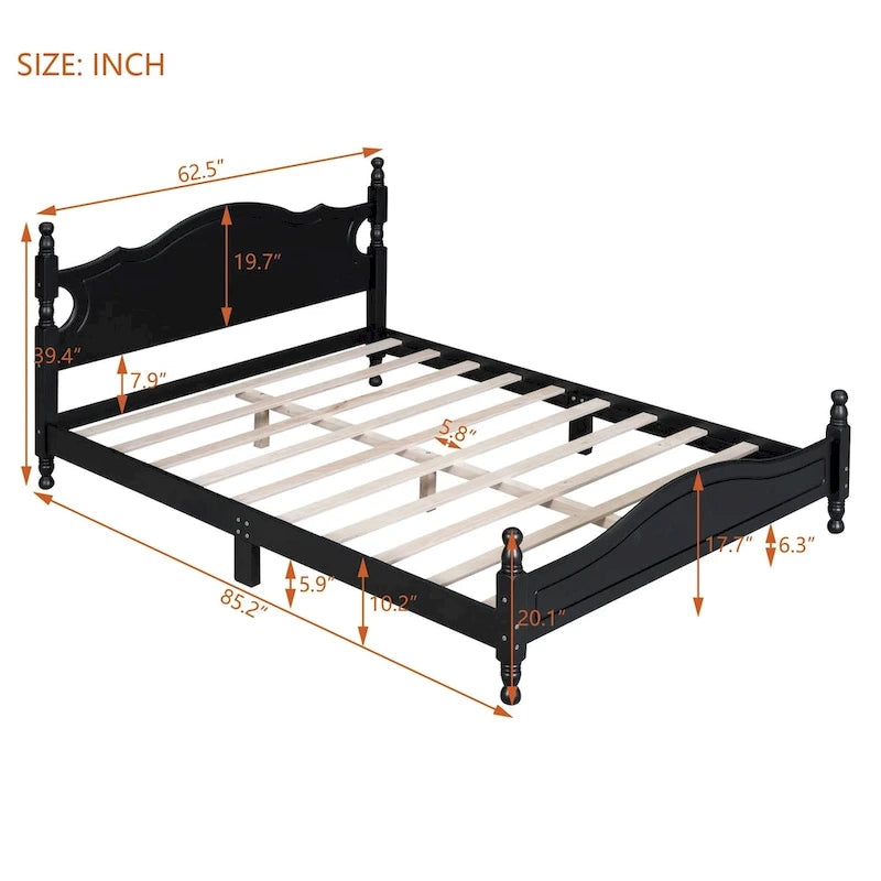 Struttura Letto Matrimoniale Queen Size in Legno, Letto a Piattaforma Stile Retrò con Supporto a Doghe in Legno