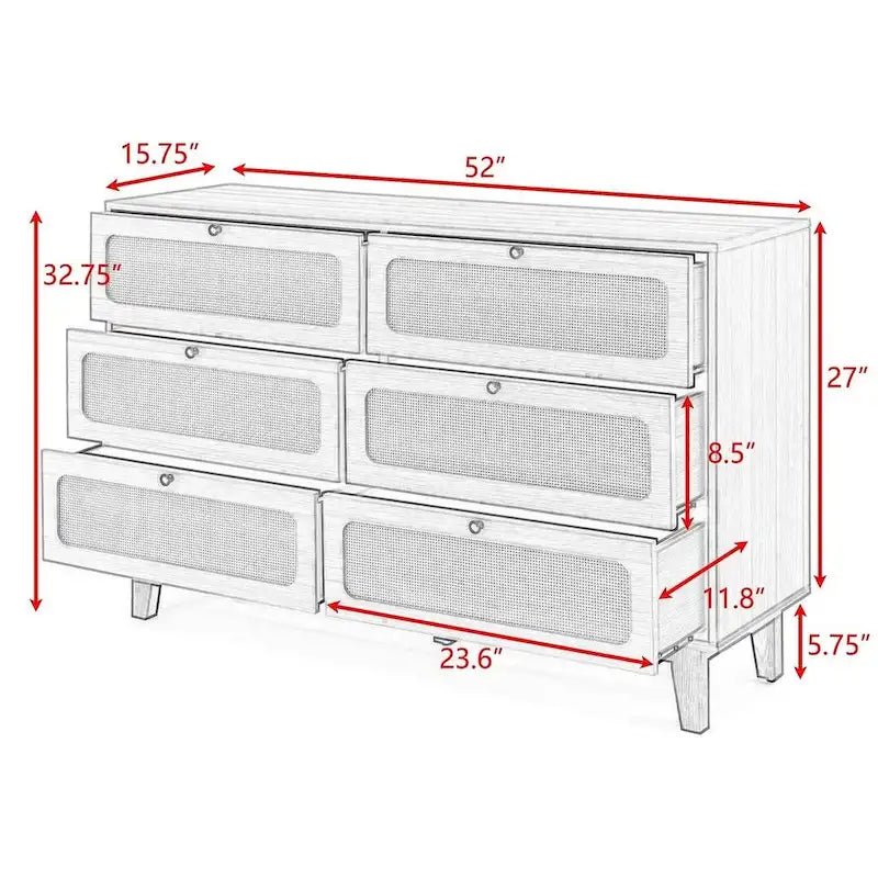Comò moderno a 6 cassetti in legno massello e rattan per camera da letto