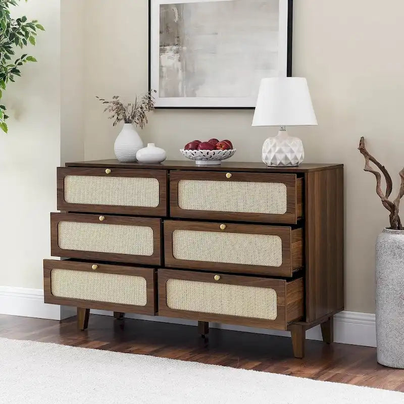Comò moderno a 6 cassetti in legno massello e rattan per camera da letto