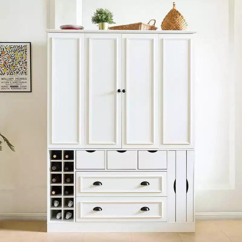 Whisen Armadio Dispensa per Cucina Autoportante Alto 180 cm, Grande Credenza Contenitore per Sala da Pranzo con 4 Ante Pieghevoli, Ripiani, Portabottiglie