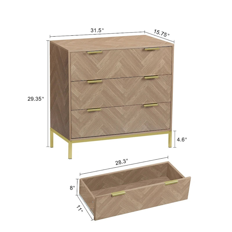 Cassettiera Anmytek moderna di metà secolo con 3 cassetti, in legno di rovere naturale, per camera da letto