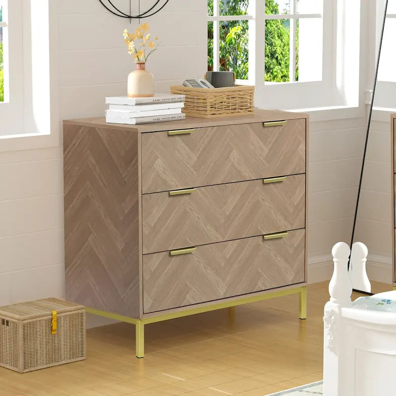 Cassettiera Anmytek moderna di metà secolo con 3 cassetti, in legno di rovere naturale, per camera da letto