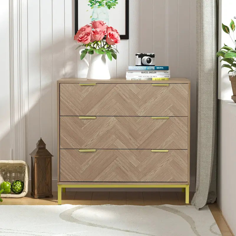 Cassettiera Anmytek moderna di metà secolo con 3 cassetti, in legno di rovere naturale, per camera da letto