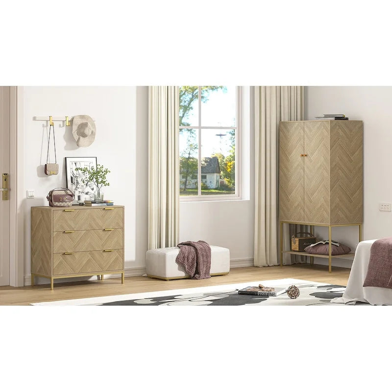 Cassettiera Anmytek moderna di metà secolo con 3 cassetti, in legno di rovere naturale, per camera da letto
