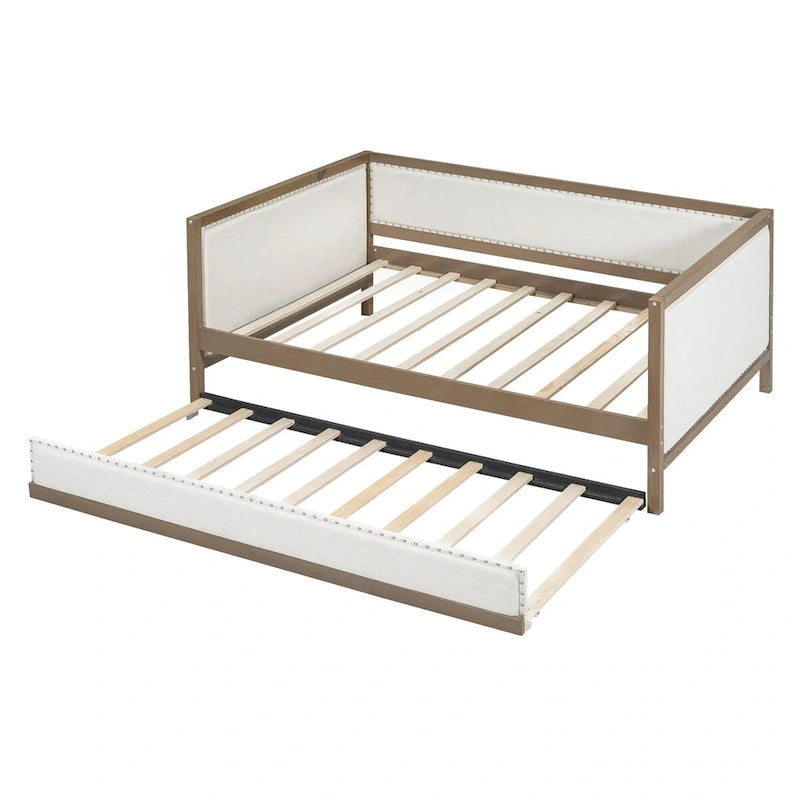 Divano letto imbottito matrimoniale Nestfair con letto estraibile o 2 cassetti e decorazioni a chiodini