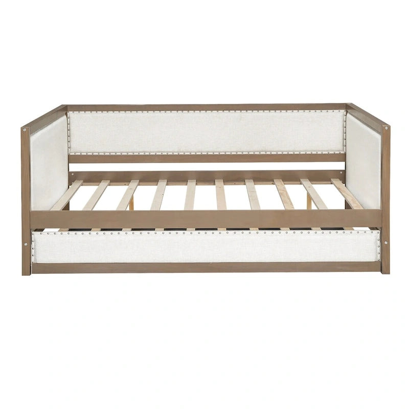 Divano letto imbottito matrimoniale Nestfair con letto estraibile o 2 cassetti e decorazioni a chiodini