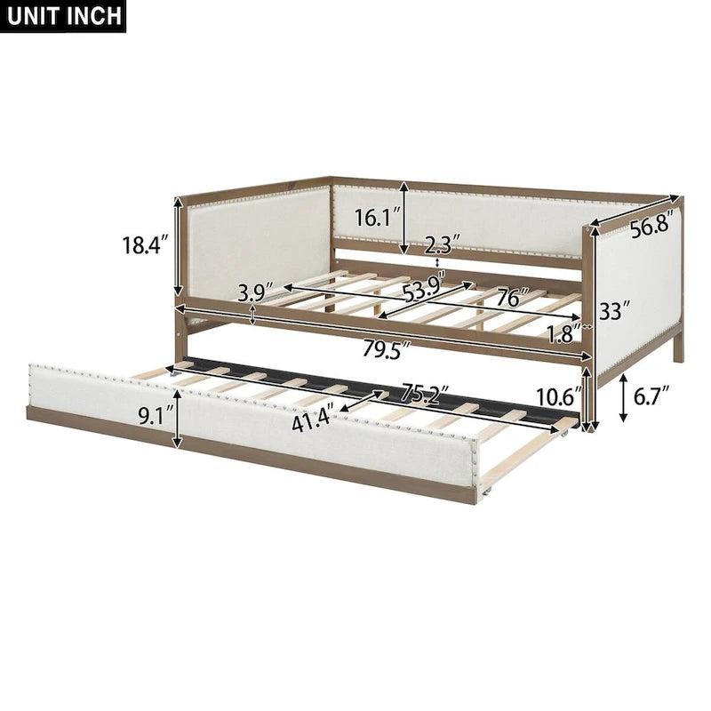 Divano letto imbottito matrimoniale Nestfair con letto estraibile o 2 cassetti e decorazioni a chiodini
