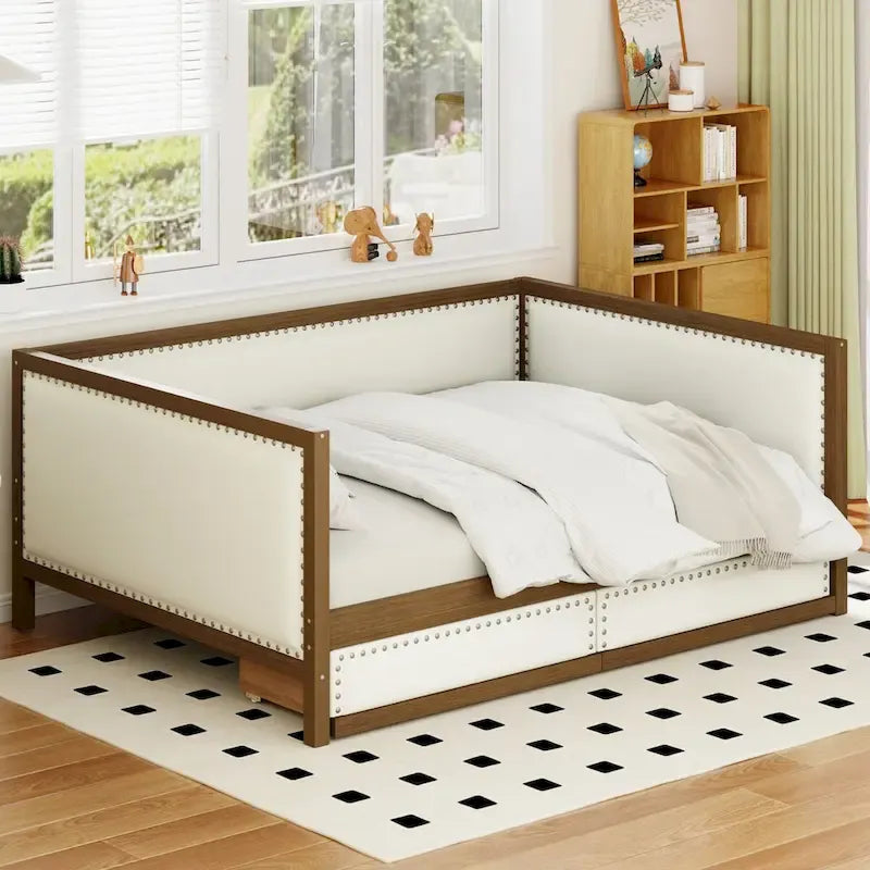 Divano letto imbottito matrimoniale Nestfair con letto estraibile o 2 cassetti e decorazioni a chiodini