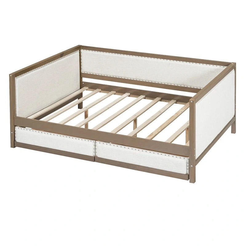 Divano letto imbottito matrimoniale Nestfair con letto estraibile o 2 cassetti e decorazioni a chiodini
