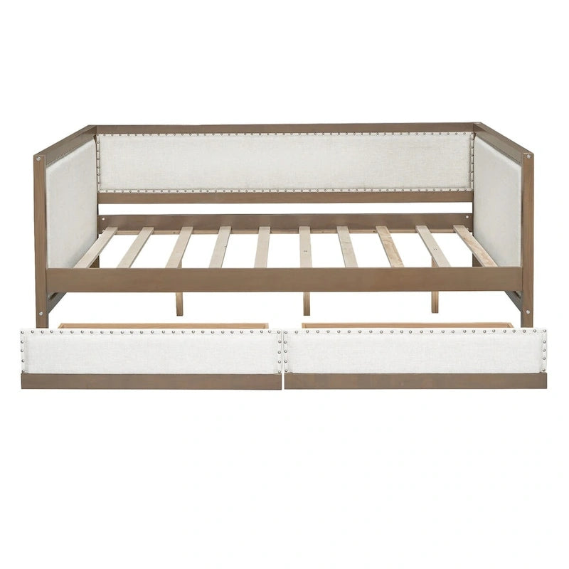 Divano letto imbottito matrimoniale Nestfair con letto estraibile o 2 cassetti e decorazioni a chiodini