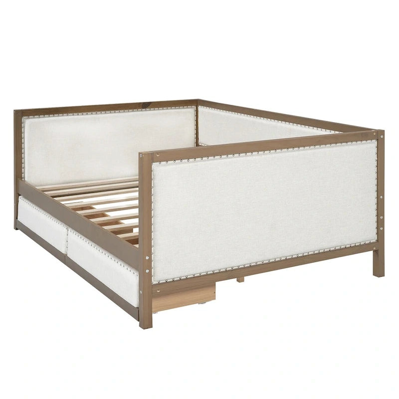 Divano letto imbottito matrimoniale Nestfair con letto estraibile o 2 cassetti e decorazioni a chiodini