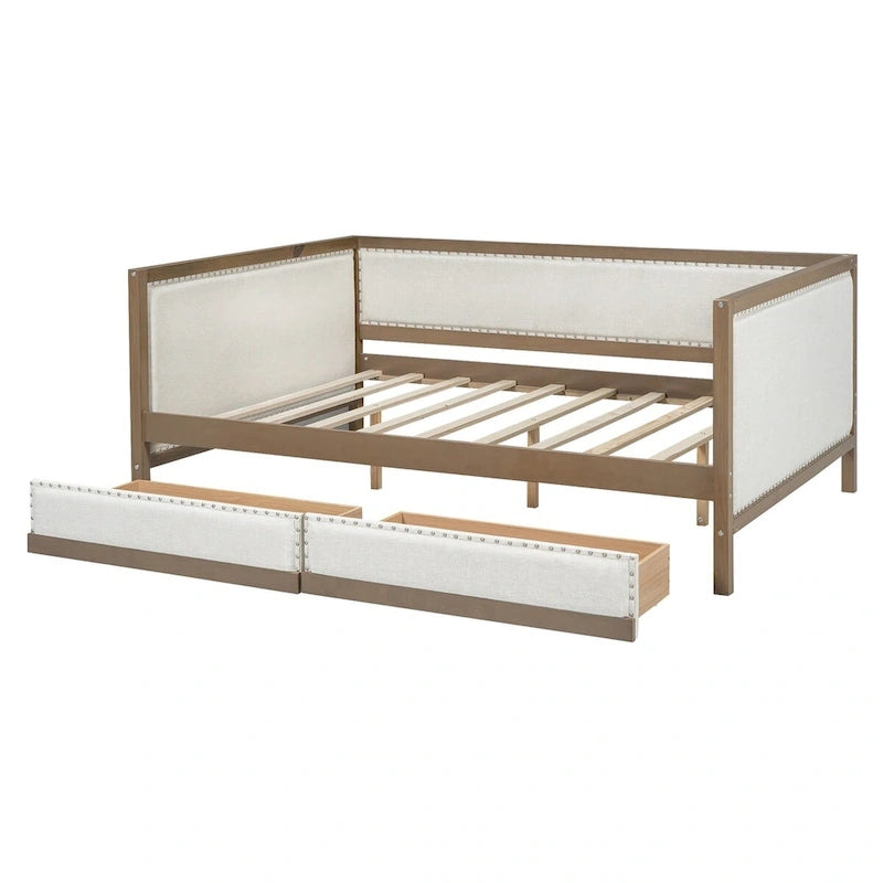 Divano letto imbottito matrimoniale Nestfair con letto estraibile o 2 cassetti e decorazioni a chiodini