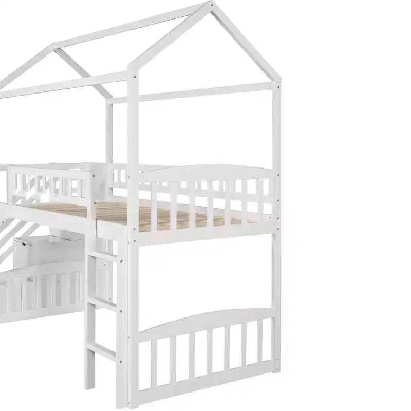 Letto a soppalco a castello con scivolo e scale, letto a soppalco con cassetti contenitori, letto a soppalco in legno a capanna per bambini e neonati