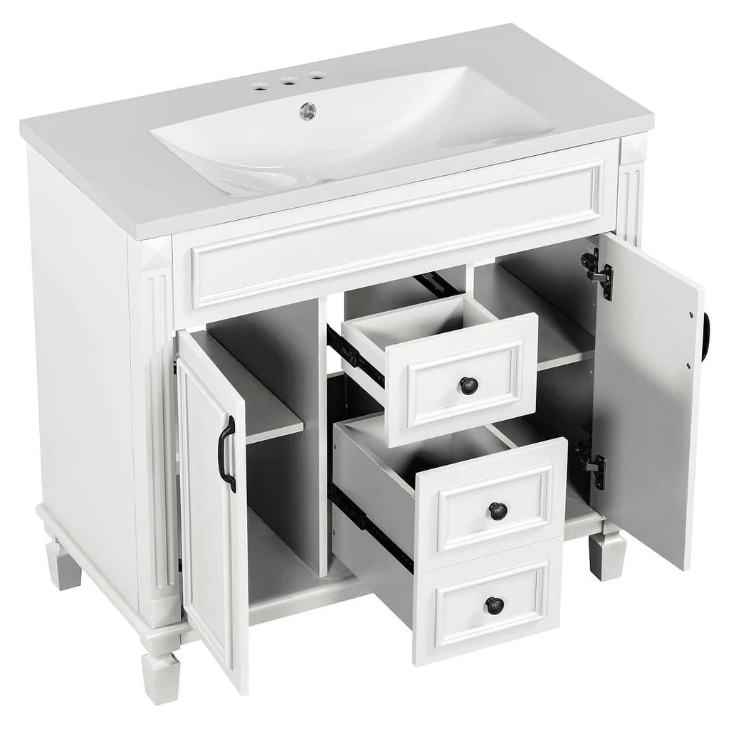 Mobile Bagno Moderno da 90cm con Lavabo Integrato e Specchiera, 2 Ante e 2 Cassetti