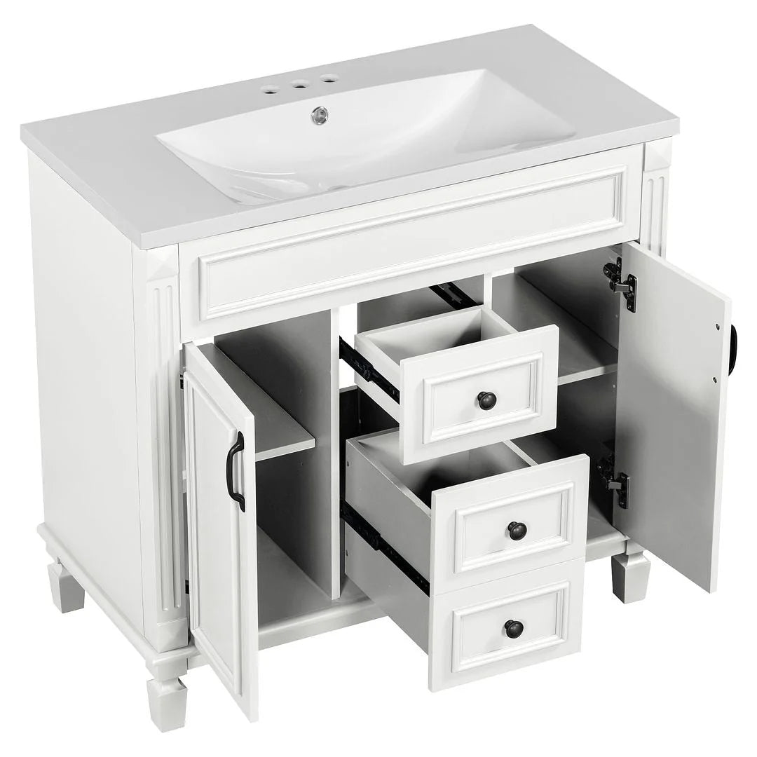 Mobile Bagno Moderno da 90cm con Lavabo Integrato e Specchiera, 2 Ante e 2 Cassetti