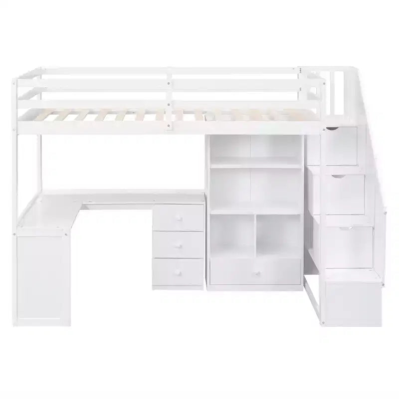 Letto a soppalco singolo con scrivania a L, 3 cassetti, armadio, contenitore per scale, struttura in pino massiccio/MDF