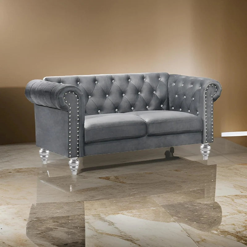 Divanetto in velluto Ben 62 pollici con schienale trapuntato con cristalli, Grigio