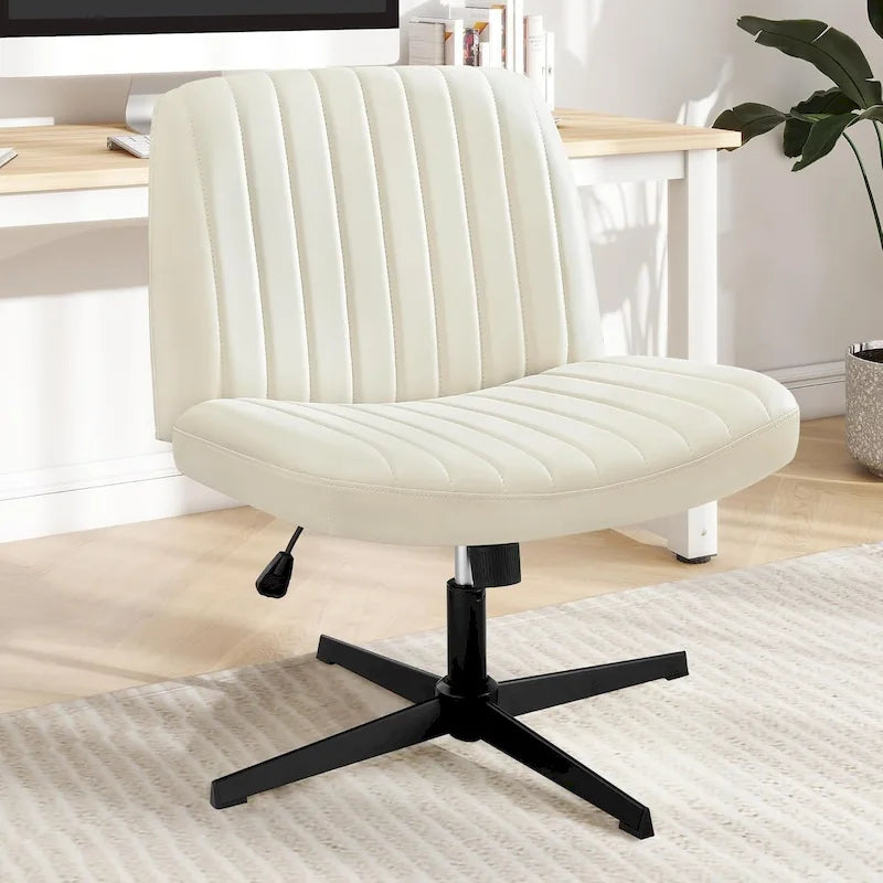 Sedia da ufficio per casa, con gambe incrociate, seduta ampia e confortevole, con ruote, senza braccioli, girevole, per scrivania o toeletta.