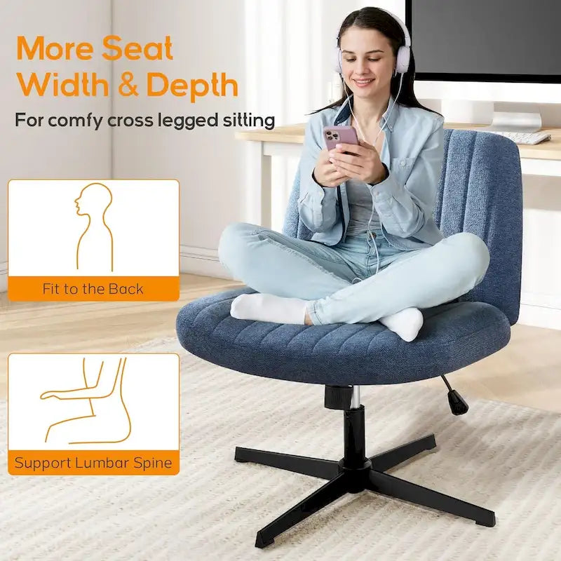 Sedia da ufficio per casa, con gambe incrociate, seduta ampia e confortevole, con ruote, senza braccioli, girevole, per scrivania o toeletta.