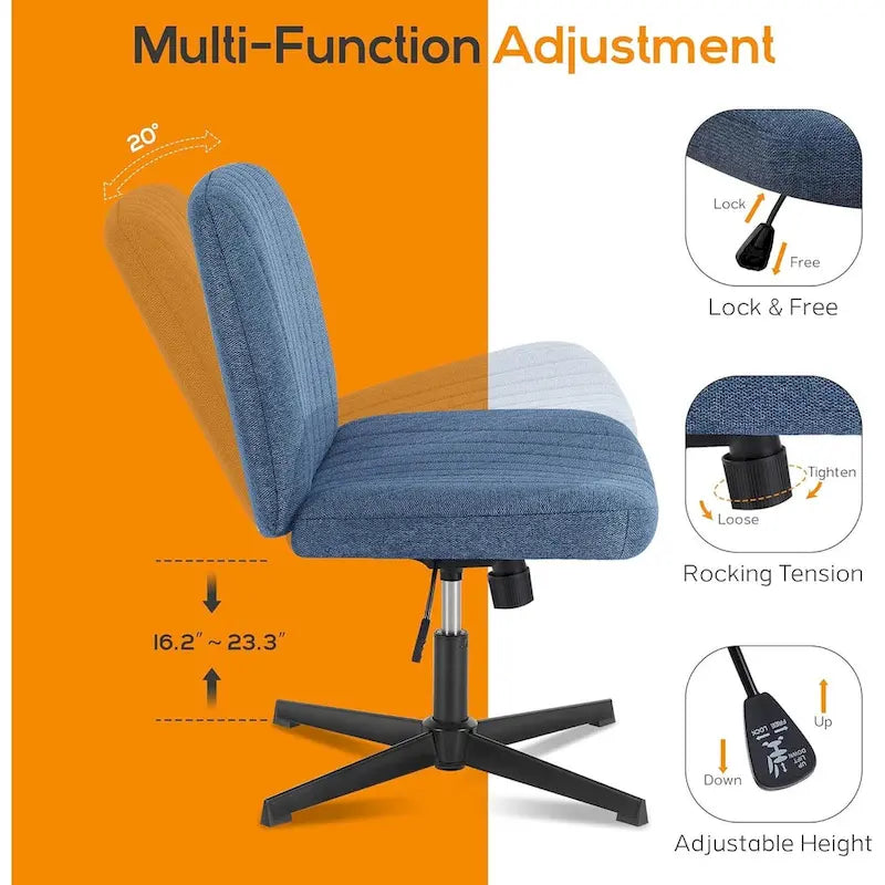 Sedia da ufficio per casa, con gambe incrociate, seduta ampia e confortevole, con ruote, senza braccioli, girevole, per scrivania o toeletta.