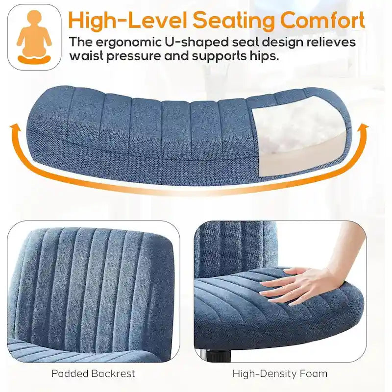 Sedia da ufficio per casa, con gambe incrociate, seduta ampia e confortevole, con ruote, senza braccioli, girevole, per scrivania o toeletta.